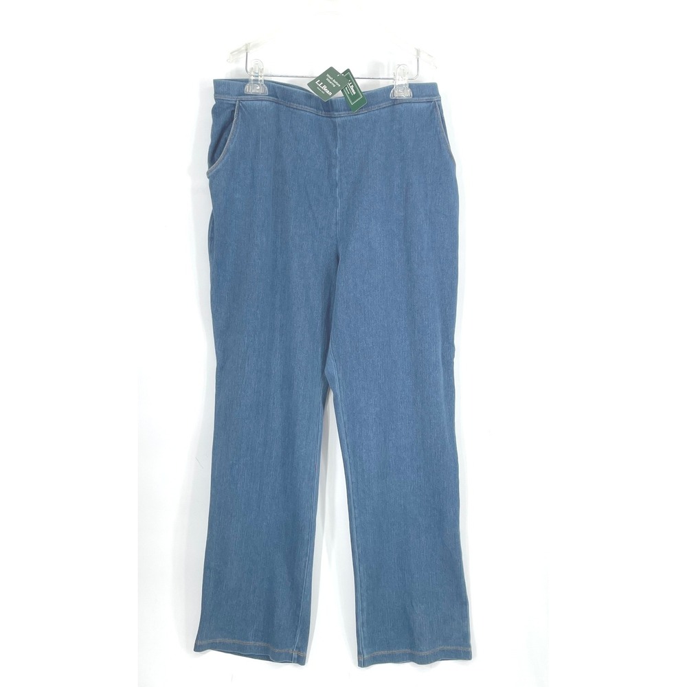 NWT LL Bean Womens Pants XL M/T Pull On Stonewash Denim Blue Straight Leg 296701